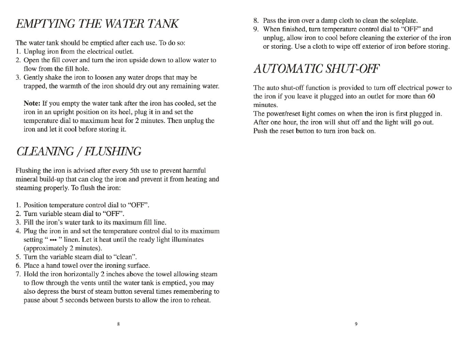 Emptying the water tank, Cleaning / flushing, Automatic shut-off | GE 681131689434 User Manual | Page 5 / 6