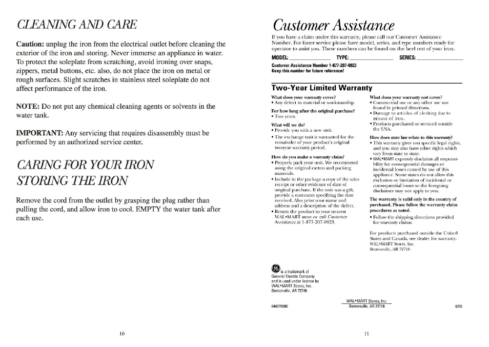 Customer assistance, Cleaning and care, Caring eor your iron storing the iron | GE 681131689434 User Manual | Page 6 / 6