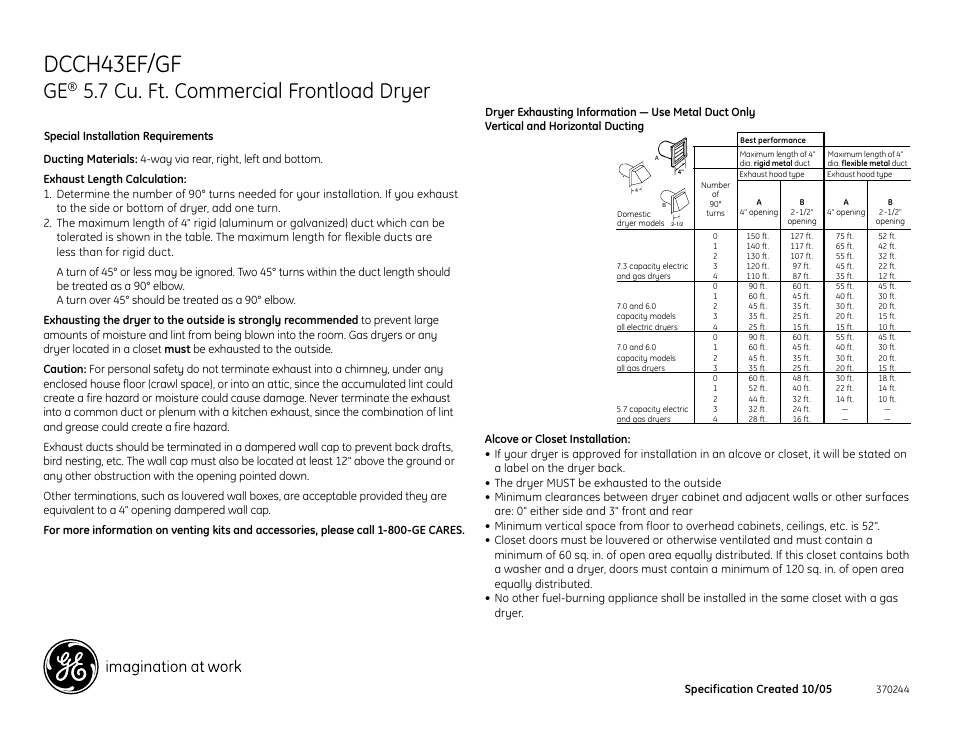 Dcch43ef/gf, 7 cu. ft. commercial frontload dryer, Specification created 10/05 | GE DCCH43EF User Manual | Page 2 / 3