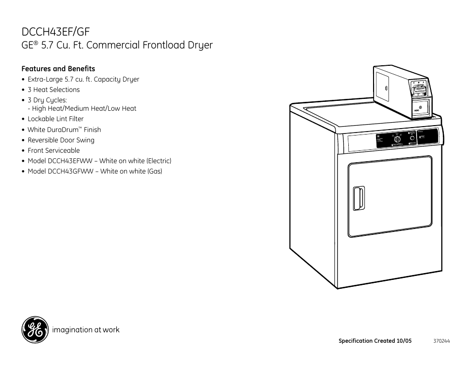 Dcch43ef/gf, 7 cu. ft. commercial frontload dryer, Dcch43ea/ga.eps | Features and benefits | GE DCCH43EF User Manual | Page 3 / 3