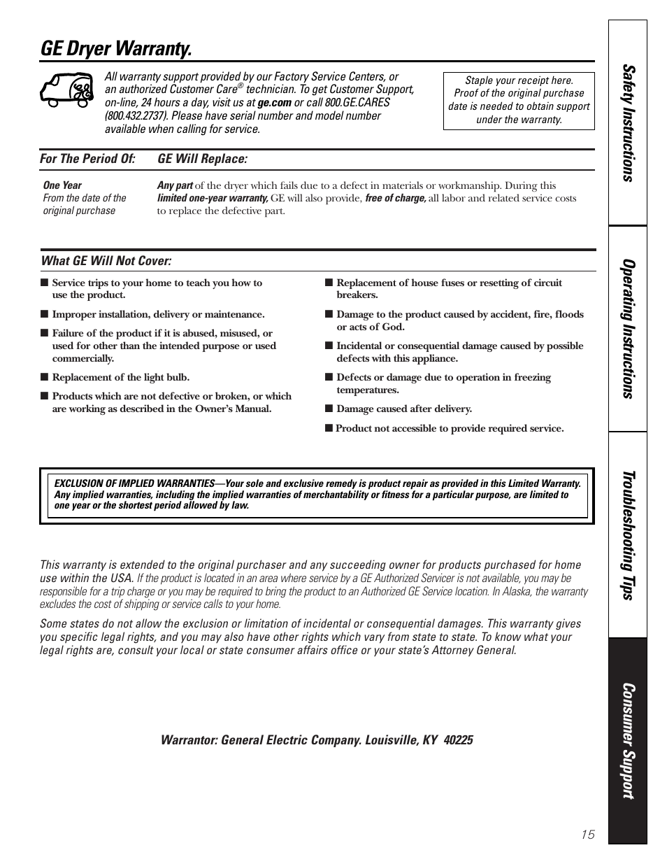 Warranty, Ge dryer warranty | GE DBLR333  EN User Manual | Page 15 / 16