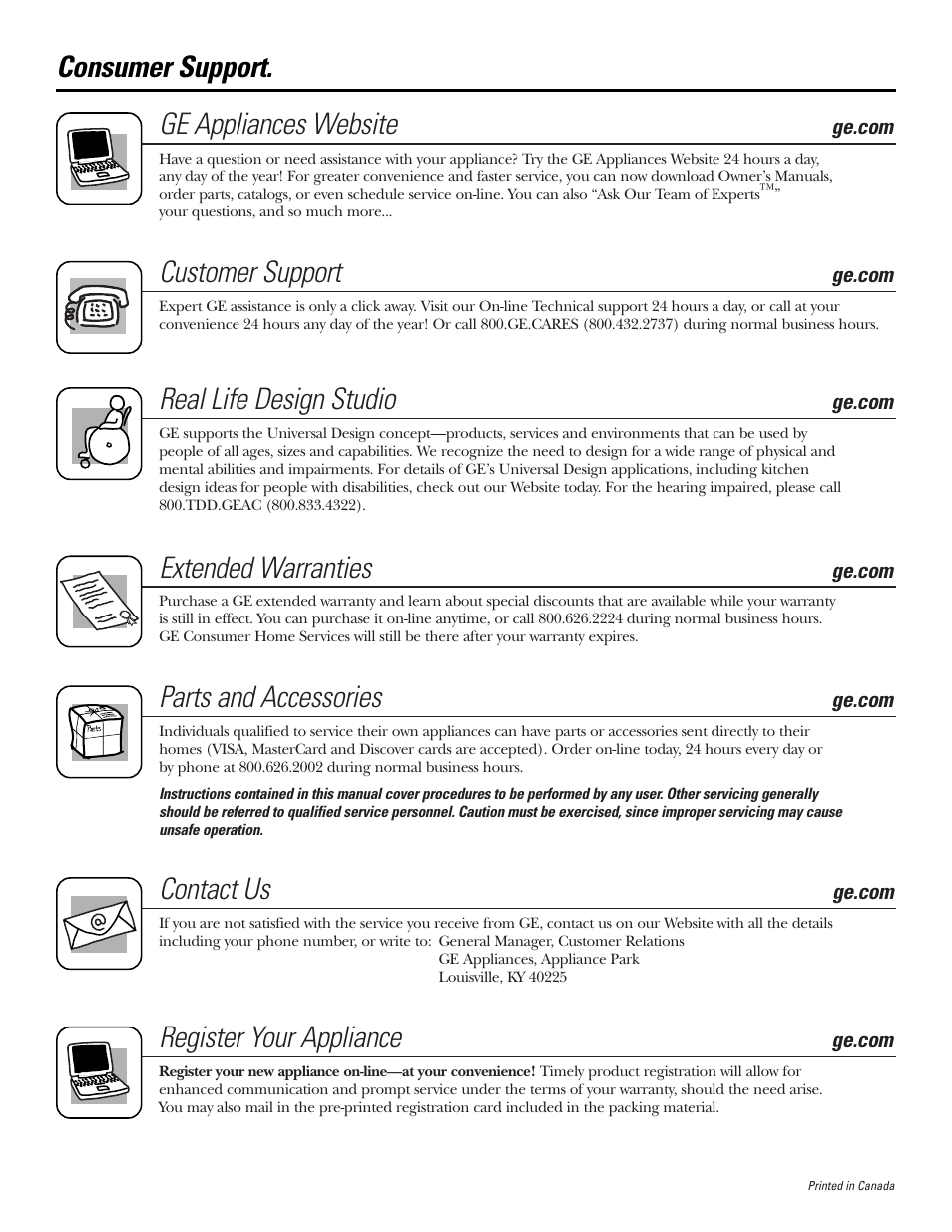 Consumer support, Consumer support . . . . . back cover, Ge appliances website | Customer support, Real life design studio, Extended warranties, Parts and accessories, Contact us, Register your appliance | GE DBLR333  EN User Manual | Page 16 / 16