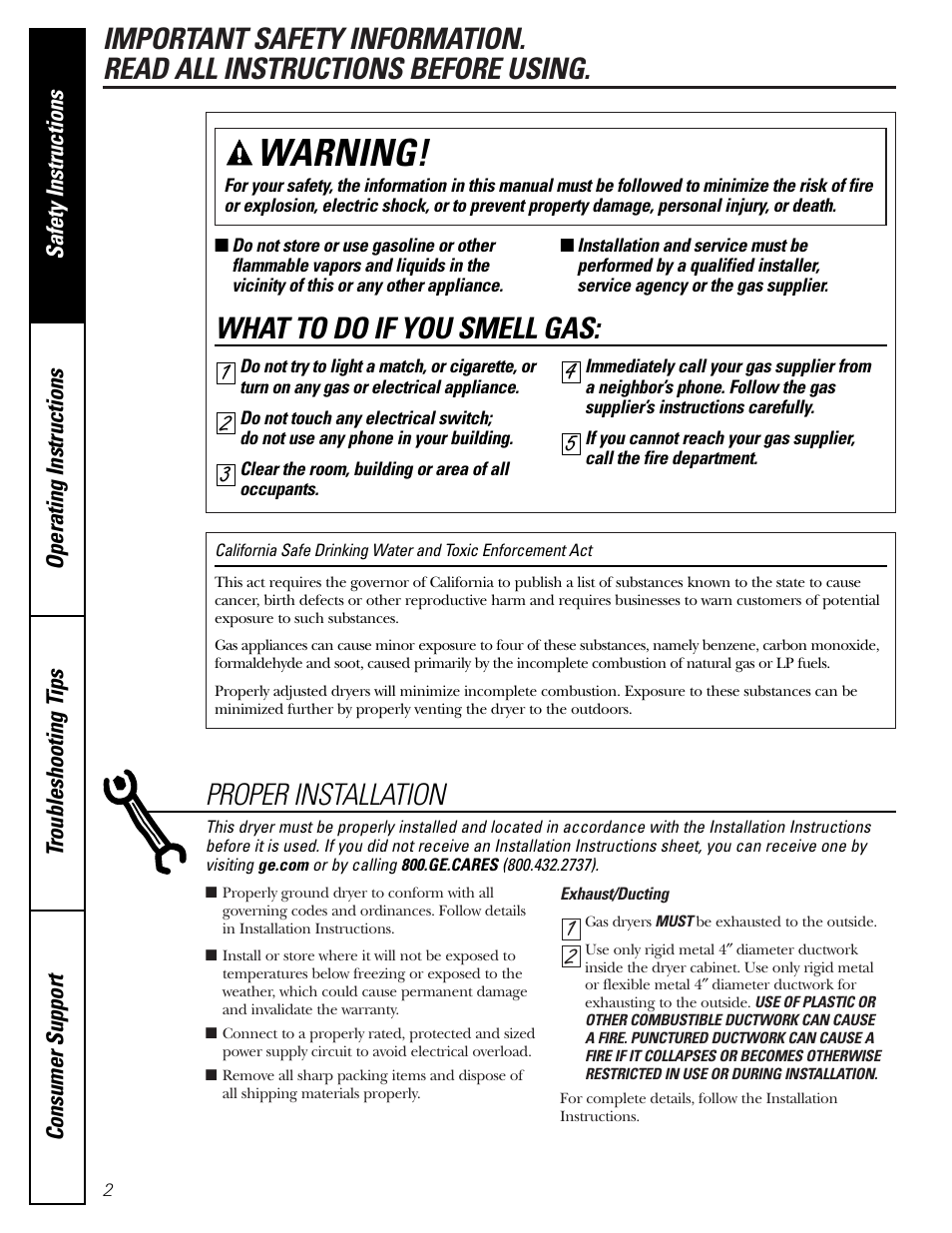 Safety instructions, Warning, What to do if you smell gas | Proper installation | GE DBLR333  EN User Manual | Page 2 / 16