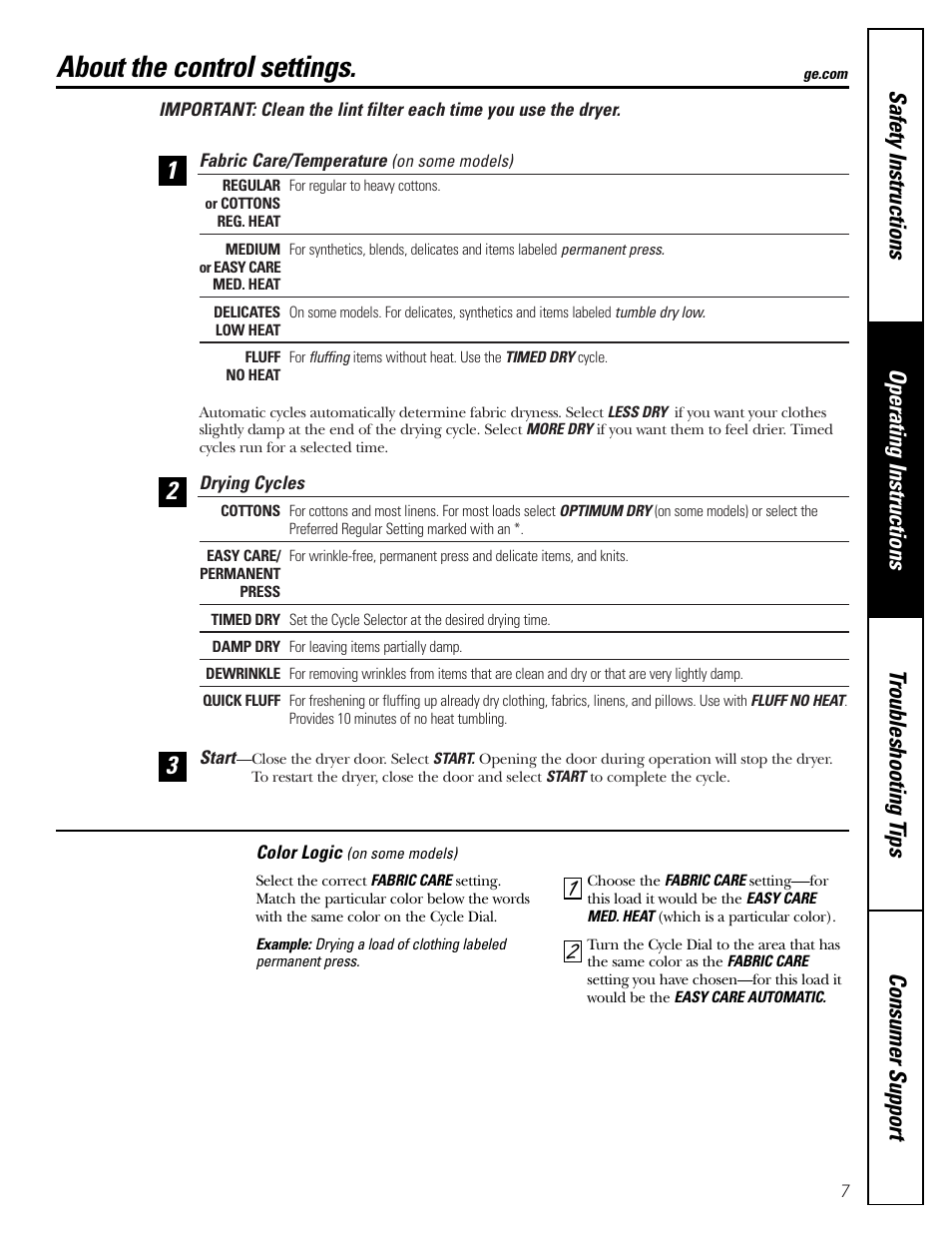 Control settings, About the control settings | GE DBLR333  EN User Manual | Page 7 / 16