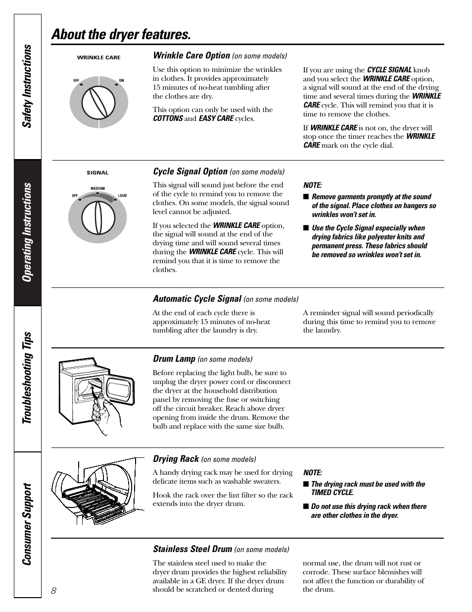 Features, About the dryer features | GE DBLR333  EN User Manual | Page 8 / 16