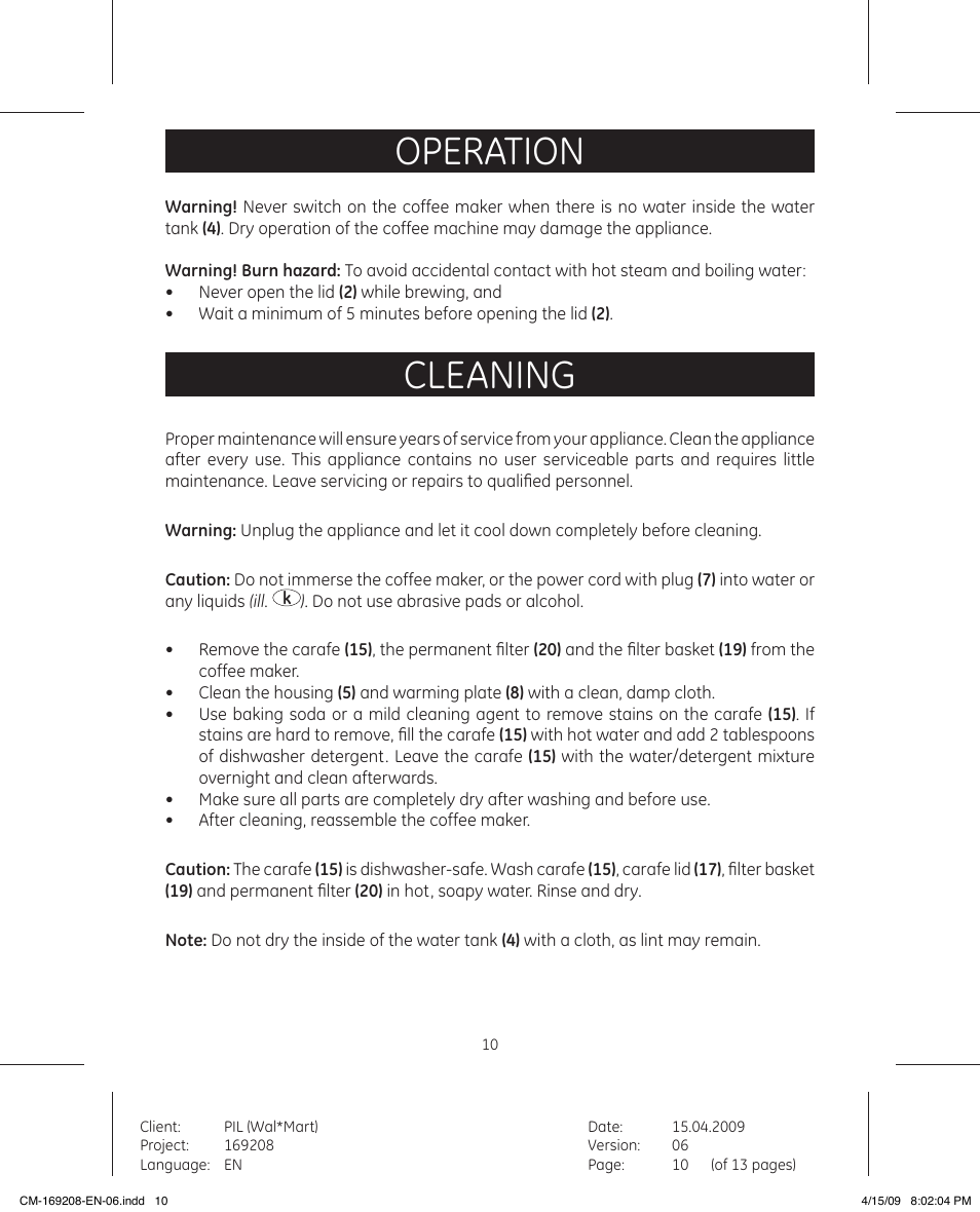 Operation, Cleaning | GE 681131692083 User Manual | Page 10 / 13