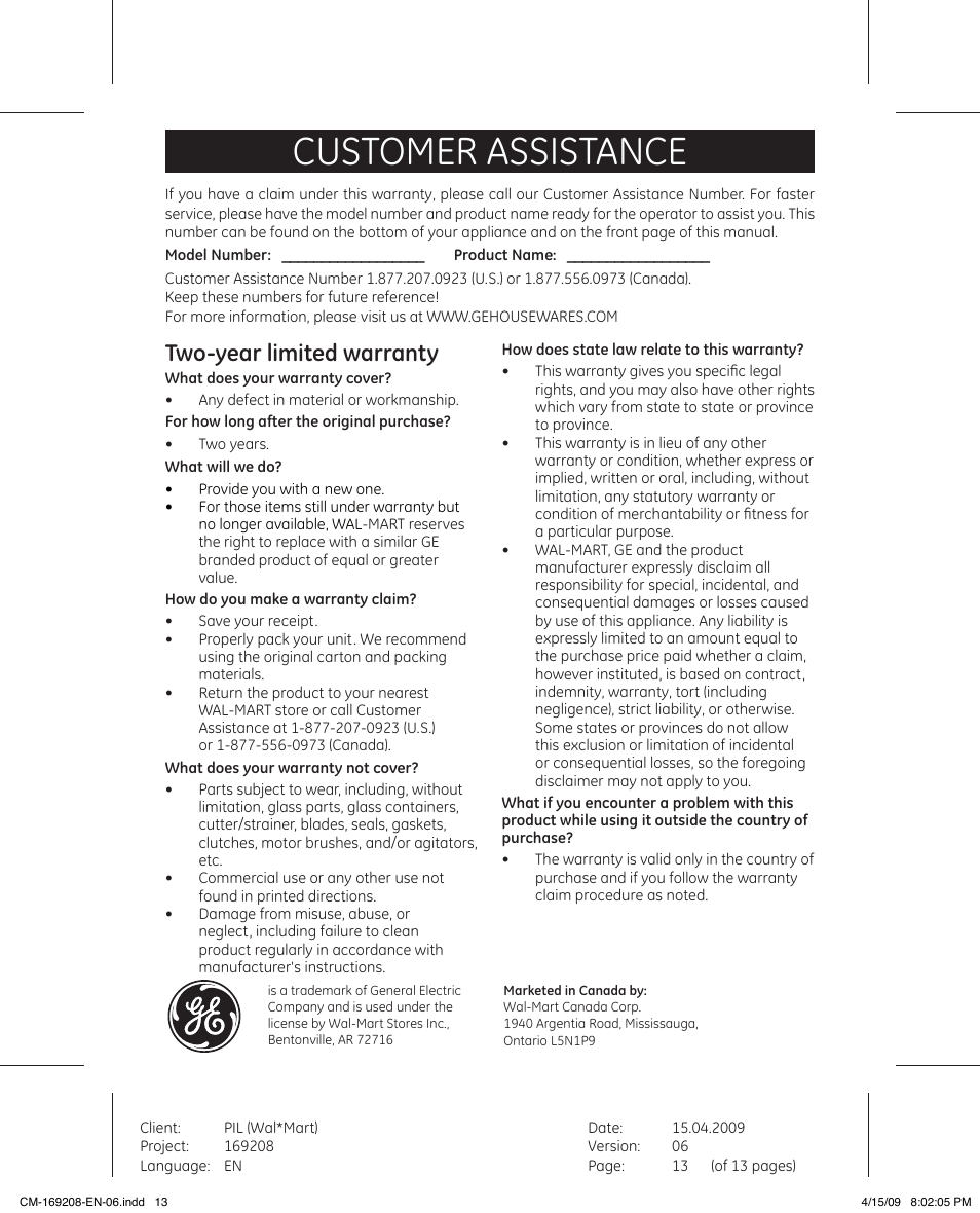 Customer assistance, Two-year limited warranty | GE 681131692083 User Manual | Page 13 / 13