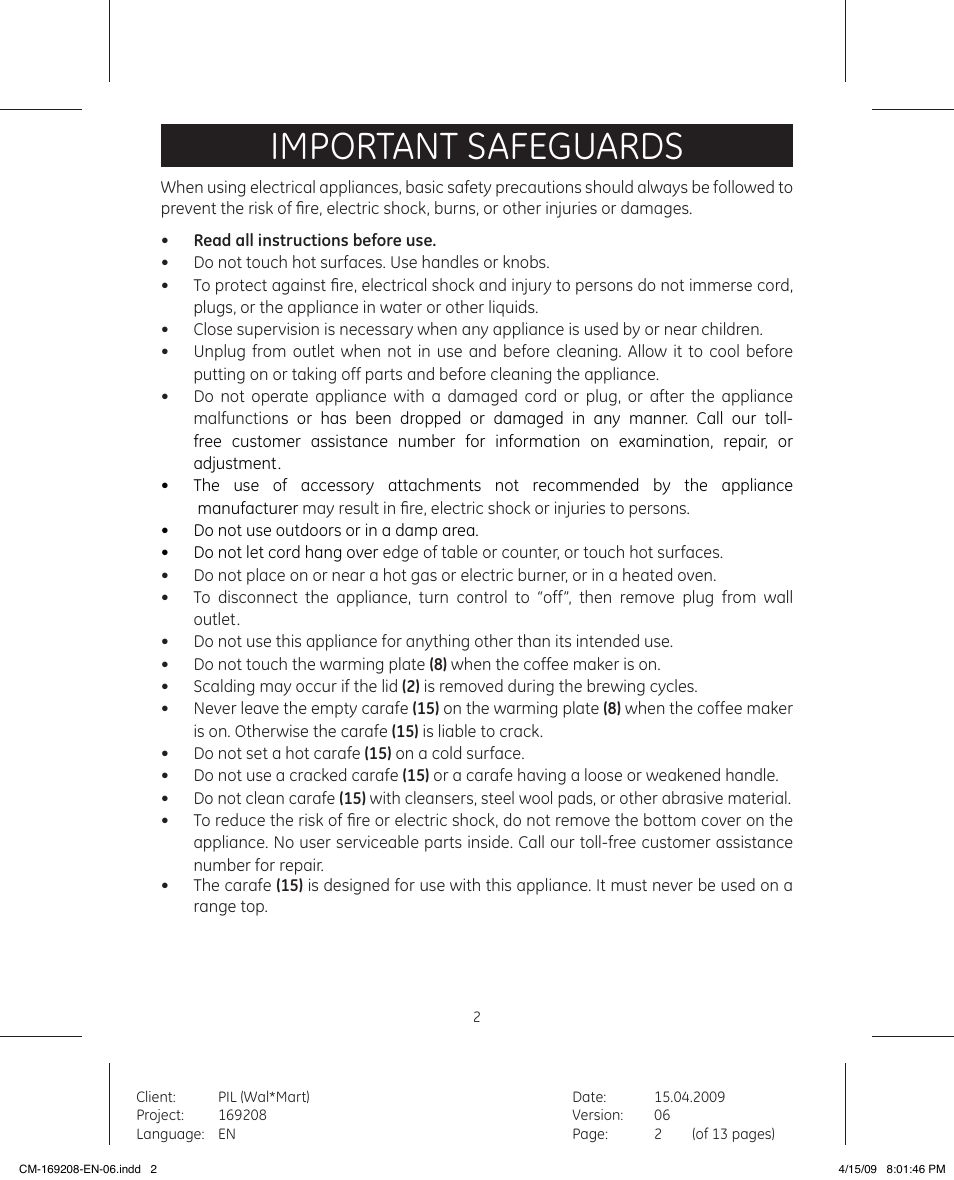 Important safeguards | GE 681131692083 User Manual | Page 2 / 13