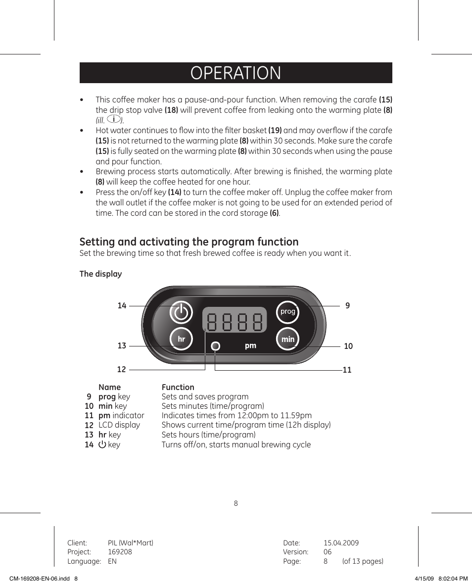 Operation, Setting and activating the program function | GE 681131692083 User Manual | Page 8 / 13