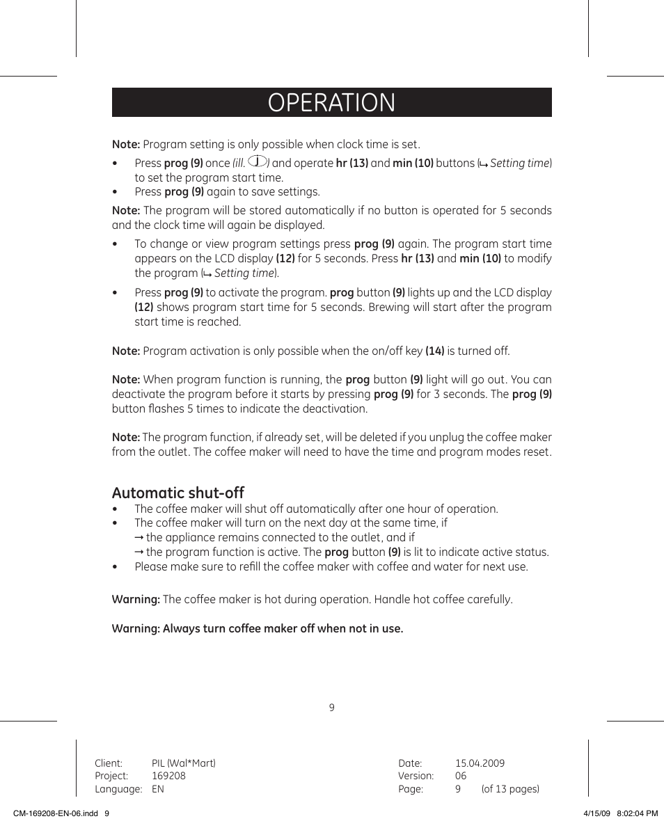 Operation, Automatic shut-off | GE 681131692083 User Manual | Page 9 / 13