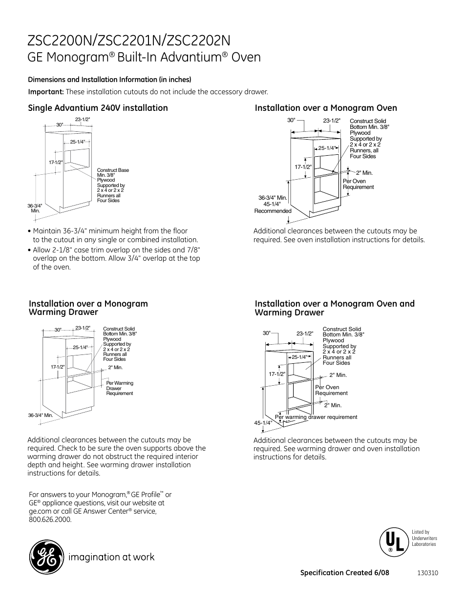 Ge monogram, Built-in advantium, Oven | 530dia3, Single advantium 240v installation, Installation over a monogram warming drawer, Installation over a monogram oven | GE ZSC2201N User Manual | Page 2 / 4