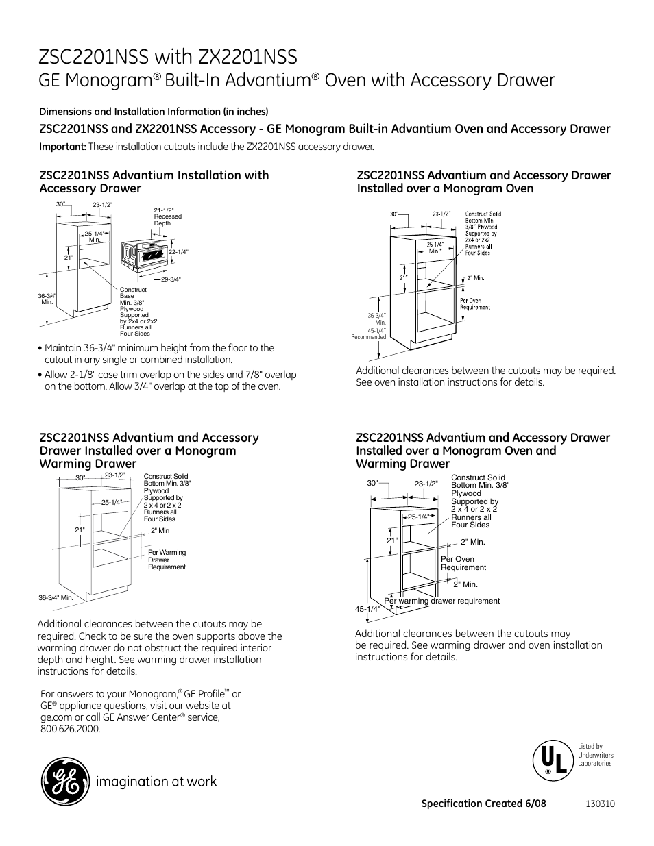Ge monogram, Built-in advantium, Oven with accessory drawer | GE ZSC2201N User Manual | Page 3 / 4