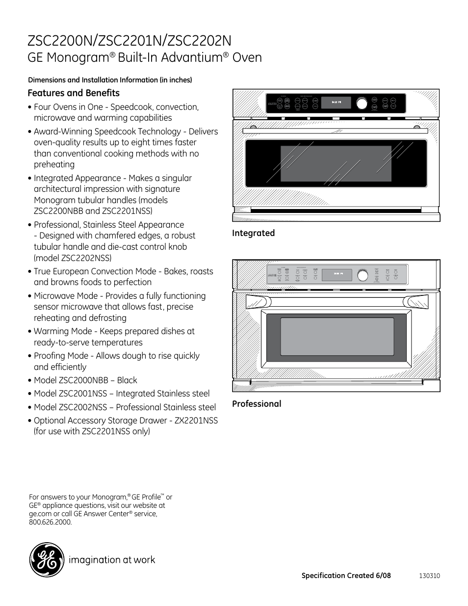 Ge monogram, Built-in advantium, Oven | Features and benefits | GE ZSC2201N User Manual | Page 4 / 4