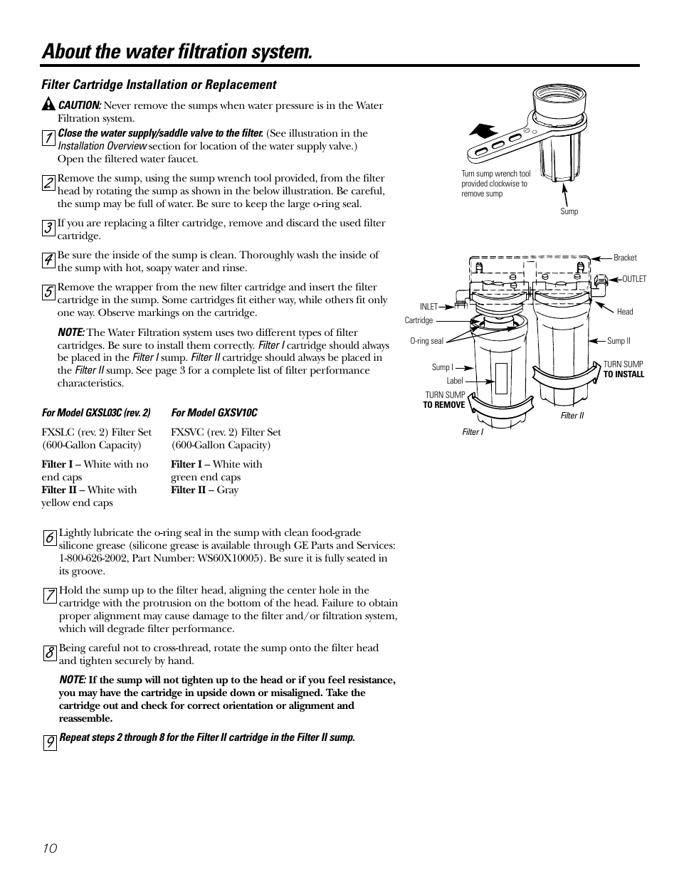 Filter cartridge installation or replacement, Filter cartridge installation or replacement , 11, About the water filtration system | GE GXSL03C User Manual | Page 10 / 48