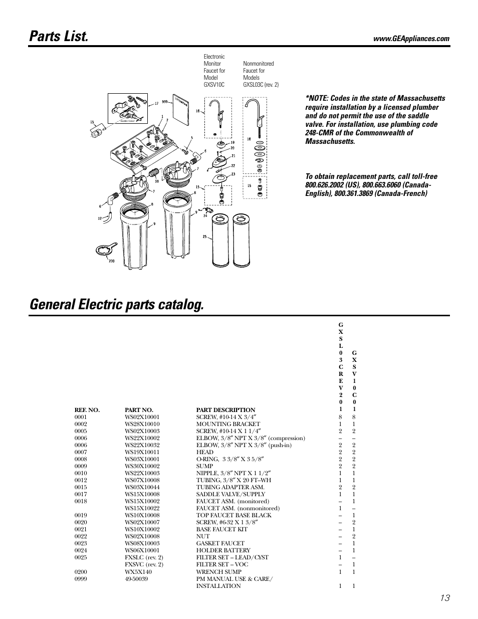 Parts list/catalog, Parts list, General electric parts catalog | GE GXSL03C User Manual | Page 13 / 48