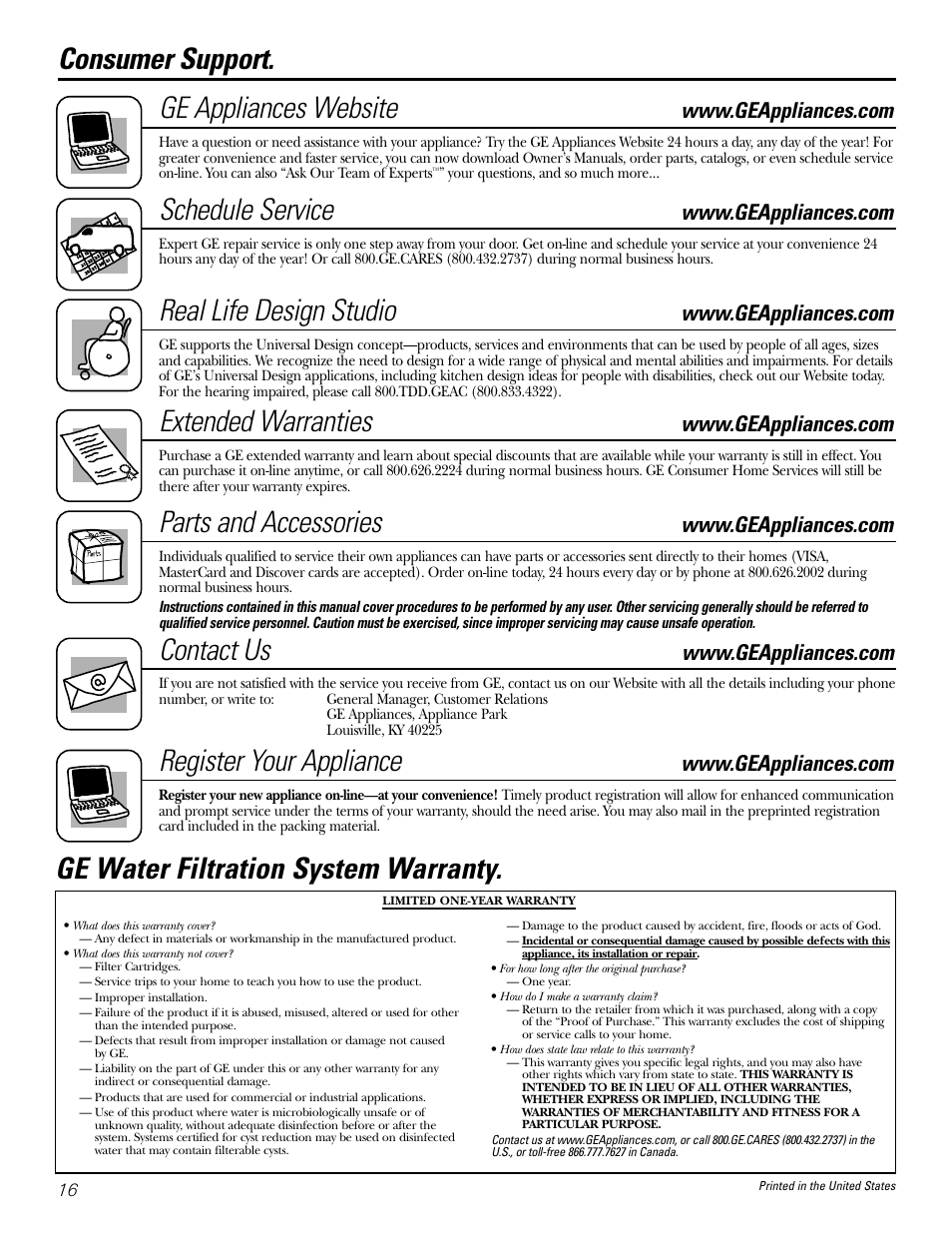 Consumer support, Warranty, Consumer support. ge appliances website | Schedule service, Real life design studio, Extended warranties, Parts and accessories, Contact us, Register your appliance, Ge water filtration system warranty | GE GXSL03C User Manual | Page 16 / 48