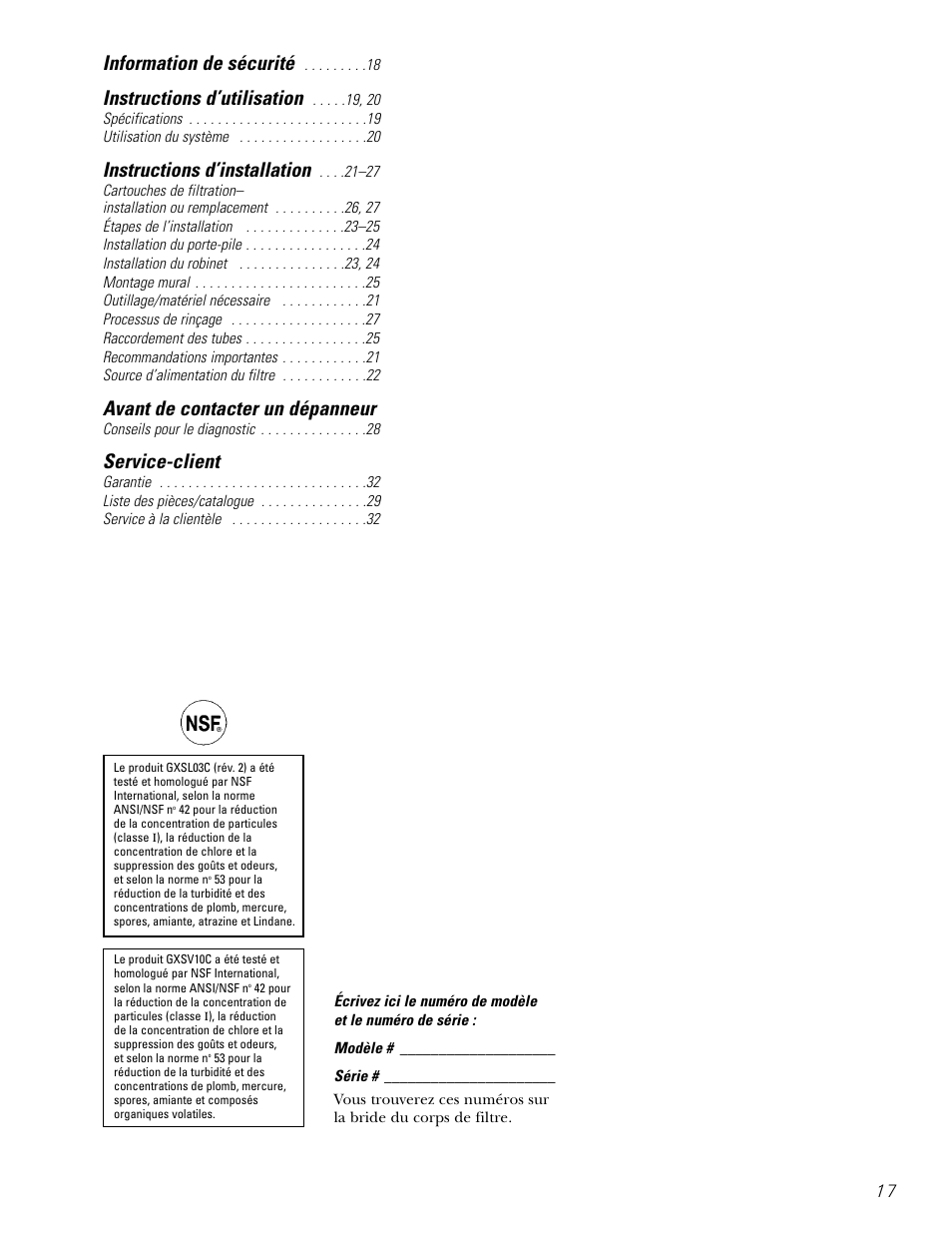 French table of contents, Avant de contacter un dépanneur, Service-client | Information de sécurité, Instructions d’utilisation, Instructions d’installation | GE GXSL03C User Manual | Page 17 / 48