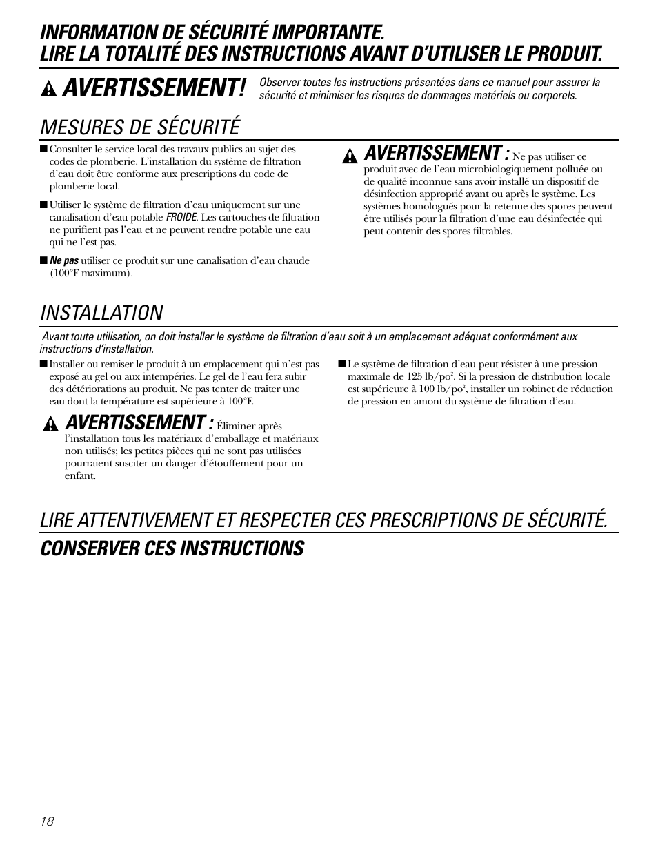 Information de sécurité, Avertissement, Mesures de sécurité | Installation | GE GXSL03C User Manual | Page 18 / 48