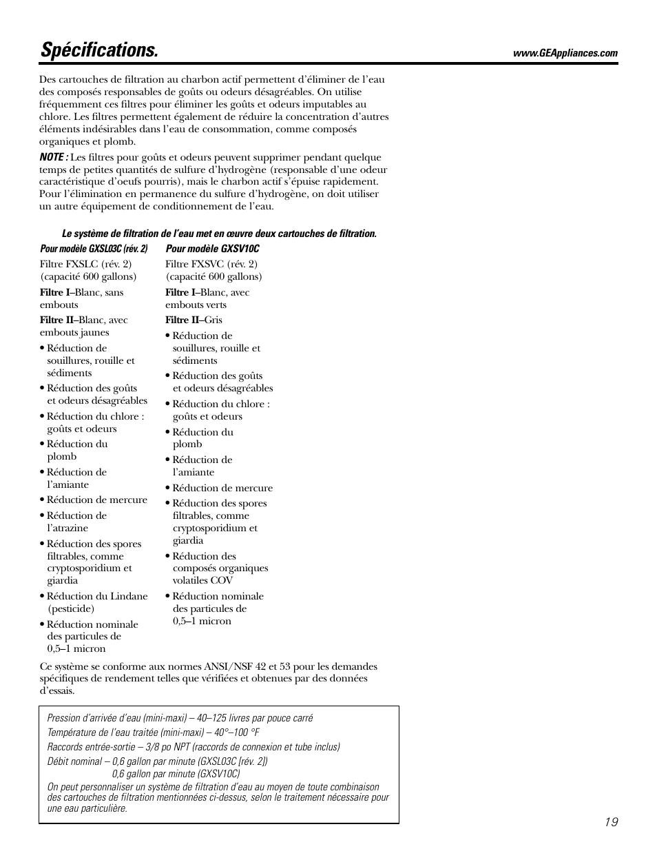 Instructions d’utilisation, Spécifications | GE GXSL03C User Manual | Page 19 / 48