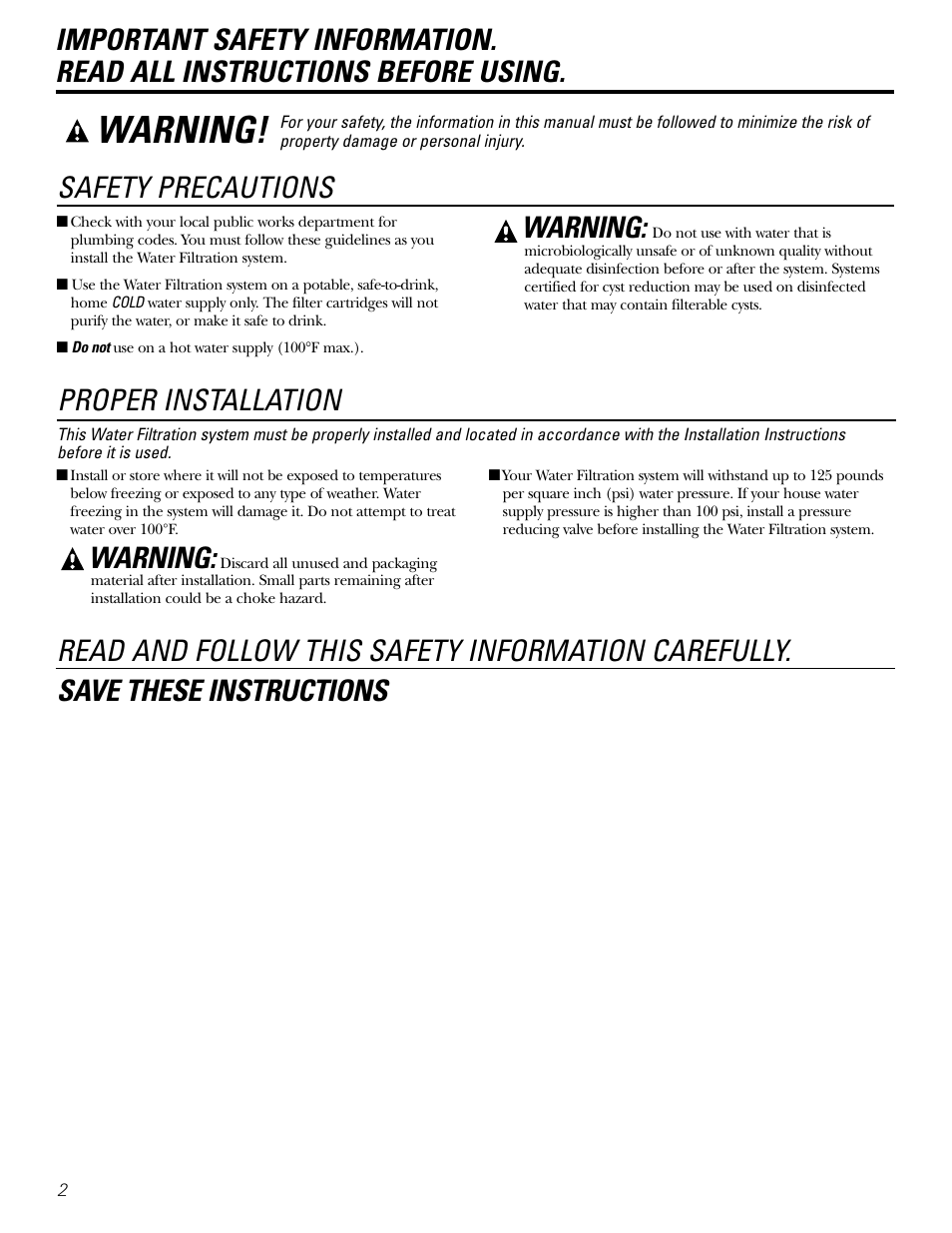 Safety information, Warning, Safety precautions | Proper installation | GE GXSL03C User Manual | Page 2 / 48