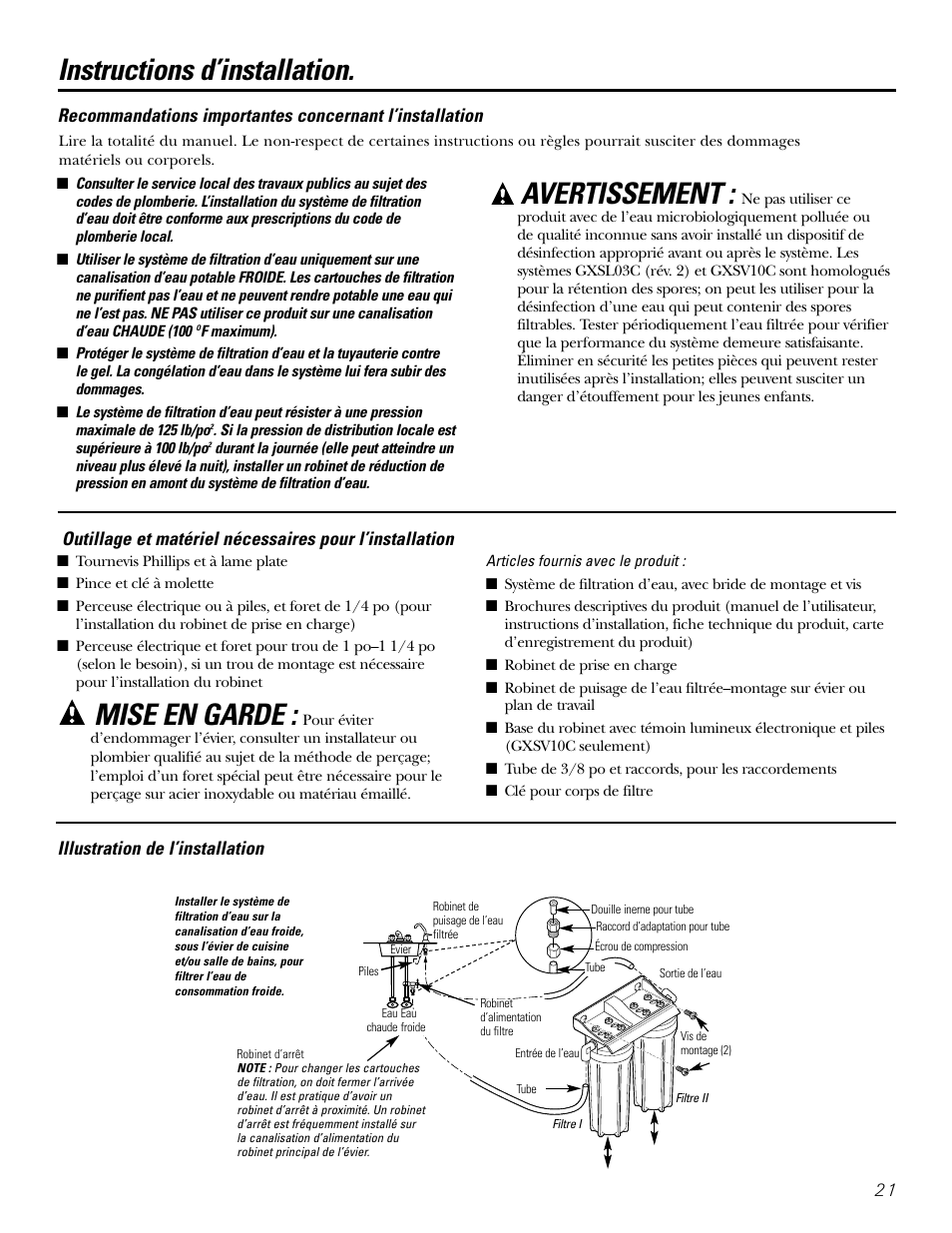 Instructions d’installation, Outillage/matériel nécessaire, Recommandations importantes | Avertissement, Mise en garde, 21 illustration de l’installation | GE GXSL03C User Manual | Page 21 / 48