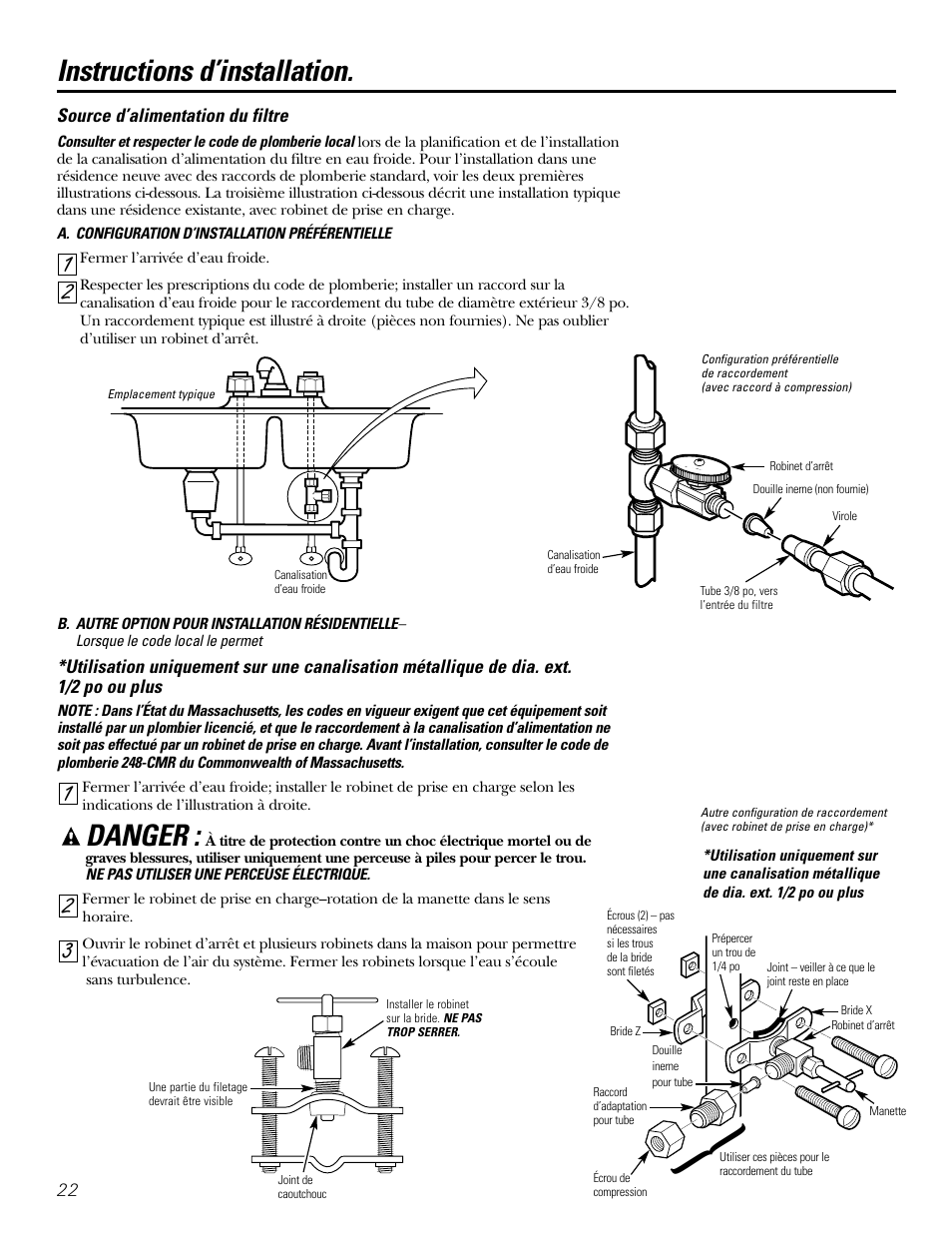 Source d’alimentation du filtre, Danger, Instructions d’installation | GE GXSL03C User Manual | Page 22 / 48