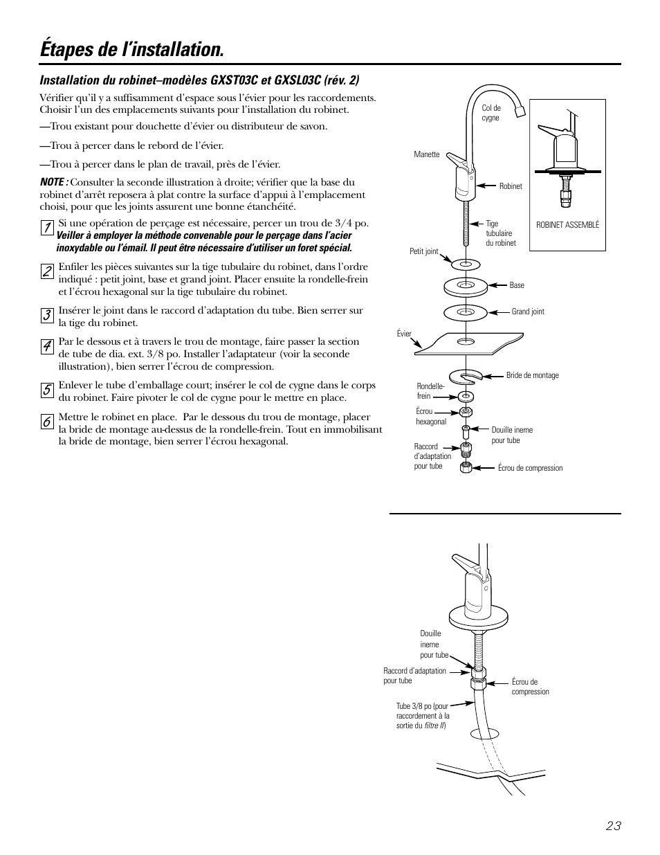 Étapes de l’installation, Installation du robinet, Étapes de l’installation –25 | Installation du robinet , 24 | GE GXSL03C User Manual | Page 23 / 48