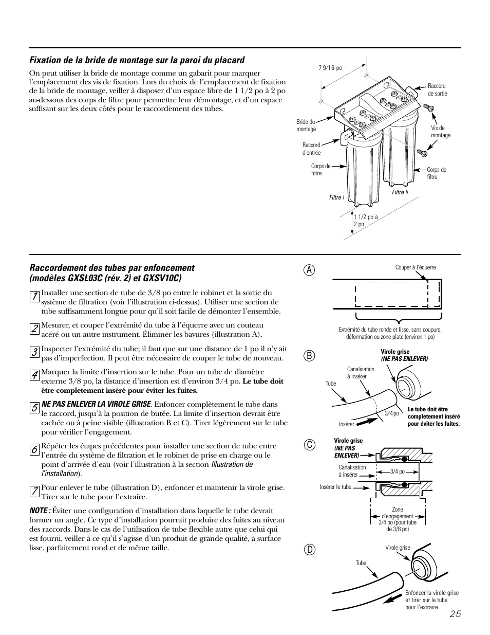 Montage mural, Raccordement des tubes | GE GXSL03C User Manual | Page 25 / 48