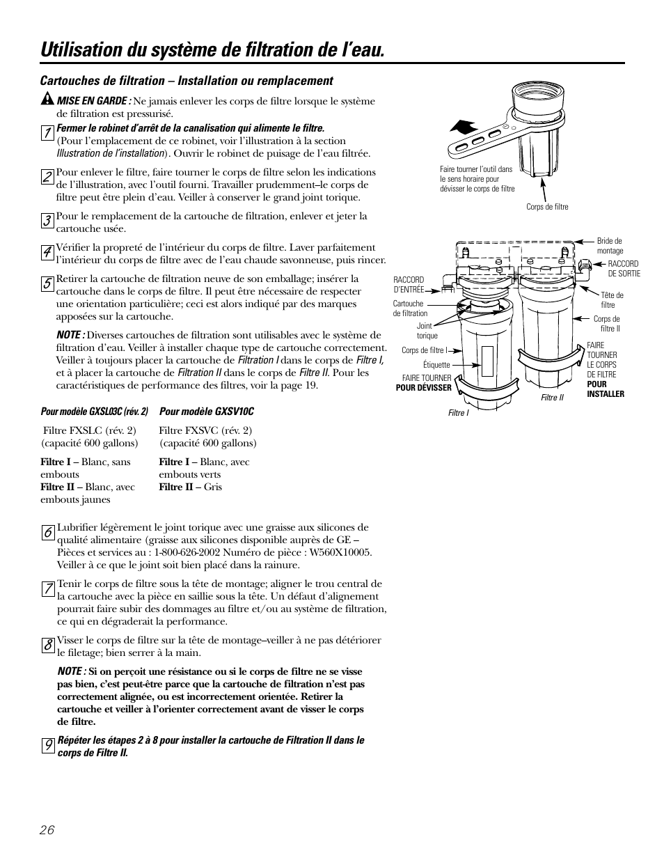 Utilisation du système de filtration de l’eau | GE GXSL03C User Manual | Page 26 / 48