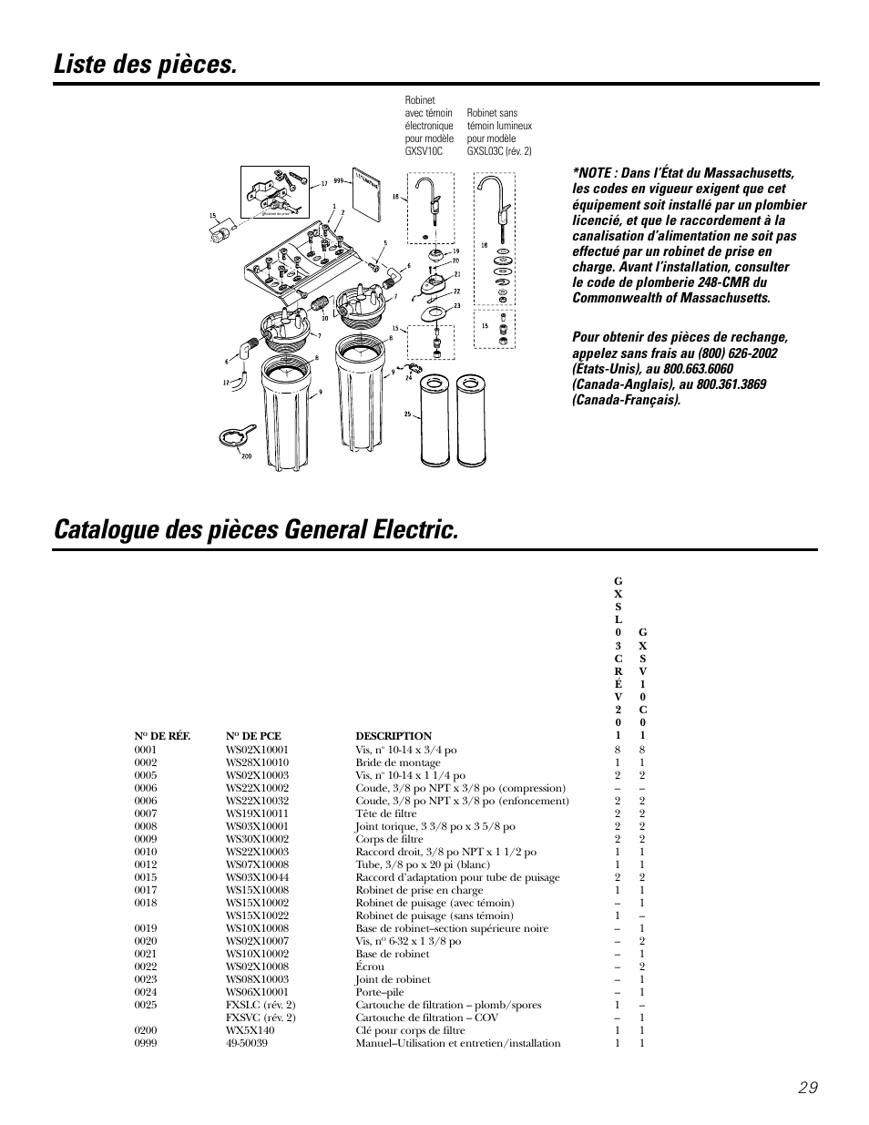 Liste des pièces/catalogue, Liste des pièces, Catalogue des pièces general electric | GE GXSL03C User Manual | Page 29 / 48