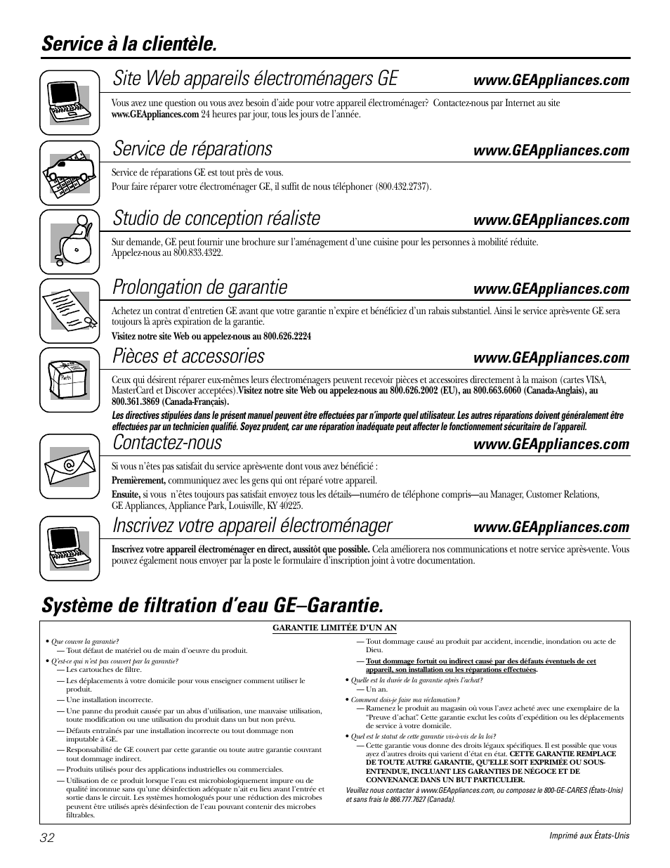 Garantie, Service à la clientèle, Service de réparations | Studio de conception réaliste, Prolongation de garantie, Pièces et accessories, Contactez-nous, Inscrivez votre appareil électroménager, Système de filtration d’eau ge–garantie | GE GXSL03C User Manual | Page 32 / 48