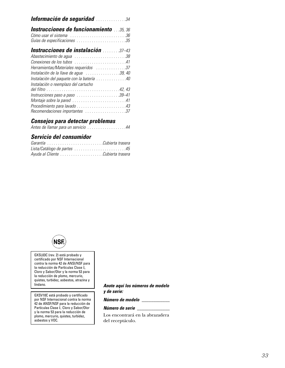 Spanish table of contents, Consejos para detectar problemas, Servicio del consumidor | Información de seguridad, Instrucciones de funcionamiento, Instrucciones de instalación | GE GXSL03C User Manual | Page 33 / 48