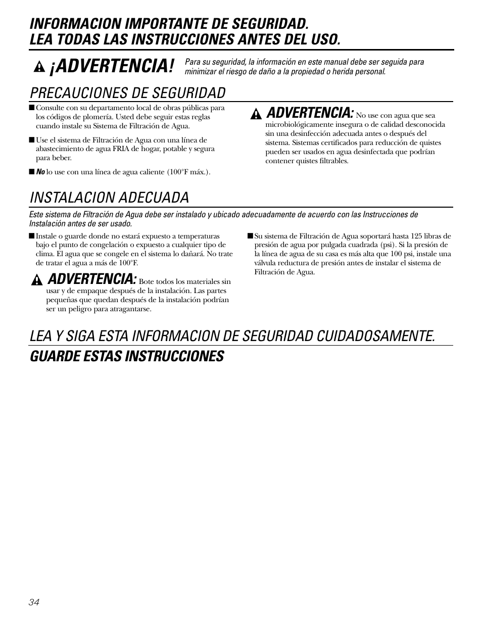 Información de seguridad, Advertencia, Precauciones de seguridad | Instalacion adecuada | GE GXSL03C User Manual | Page 34 / 48