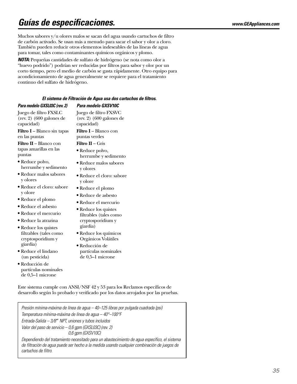 Instrucciones de funcionamiento, Guías de especificaciones | GE GXSL03C User Manual | Page 35 / 48