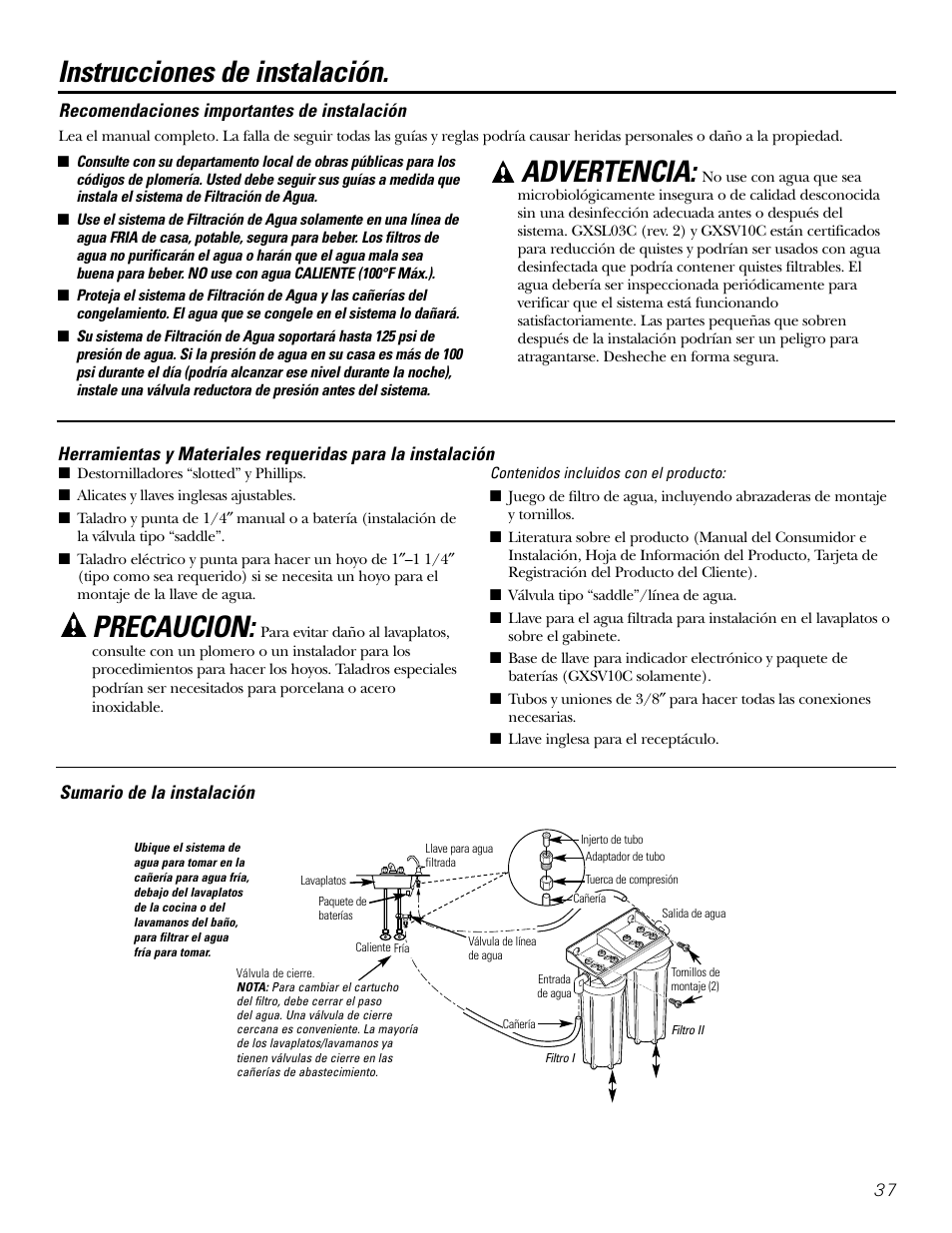 Instrucciones de instalación, Herramientas/materiales requeridos, Recomendaciones importantes | Advertencia, Precaucion | GE GXSL03C User Manual | Page 37 / 48