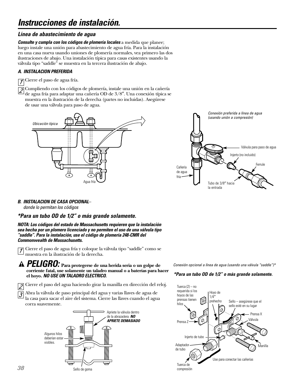 Abastecimiento de agua, Peligro, Instrucciones de instalación | GE GXSL03C User Manual | Page 38 / 48