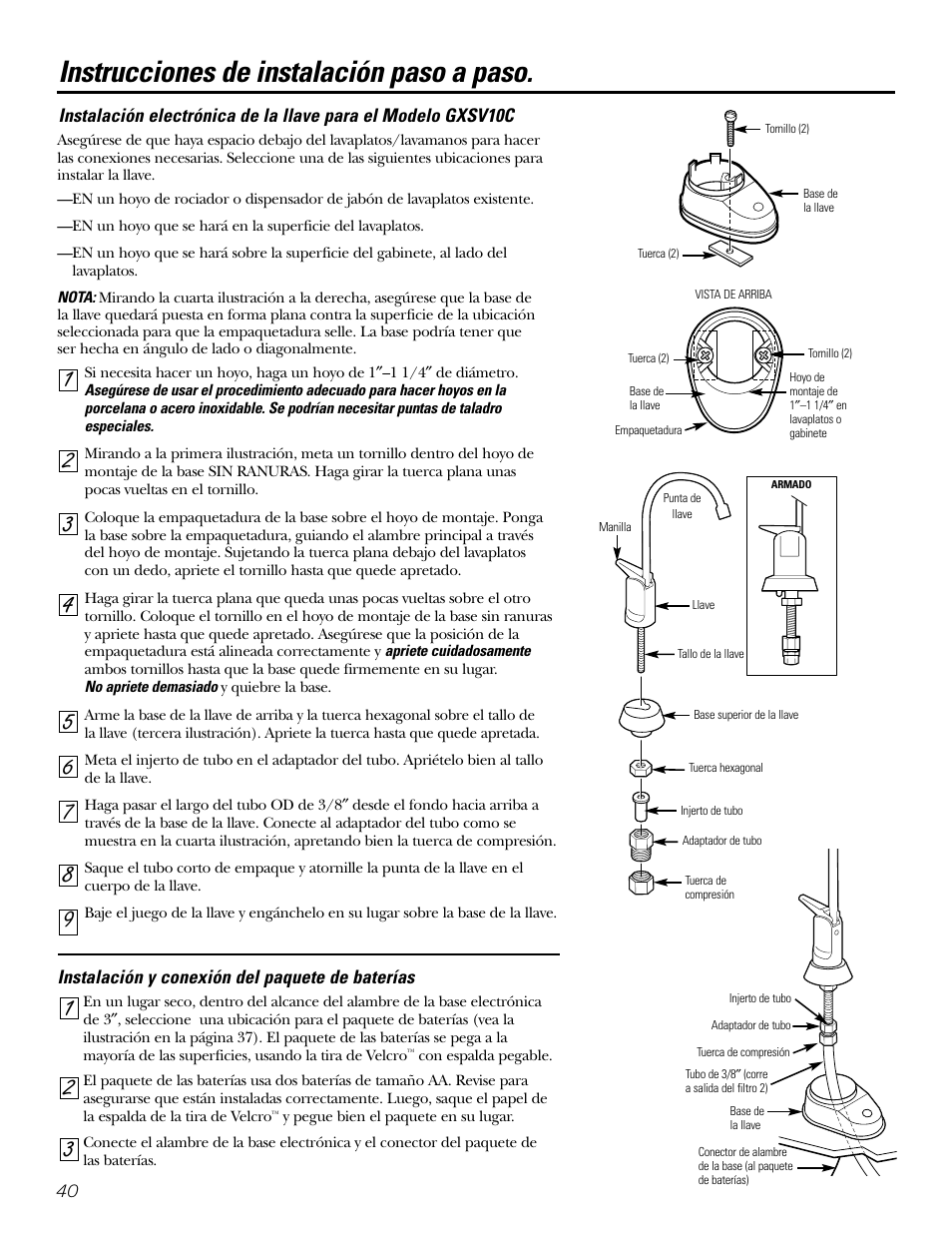 Instalación del paquete con la batería, Instrucciones de instalación paso a paso | GE GXSL03C User Manual | Page 40 / 48