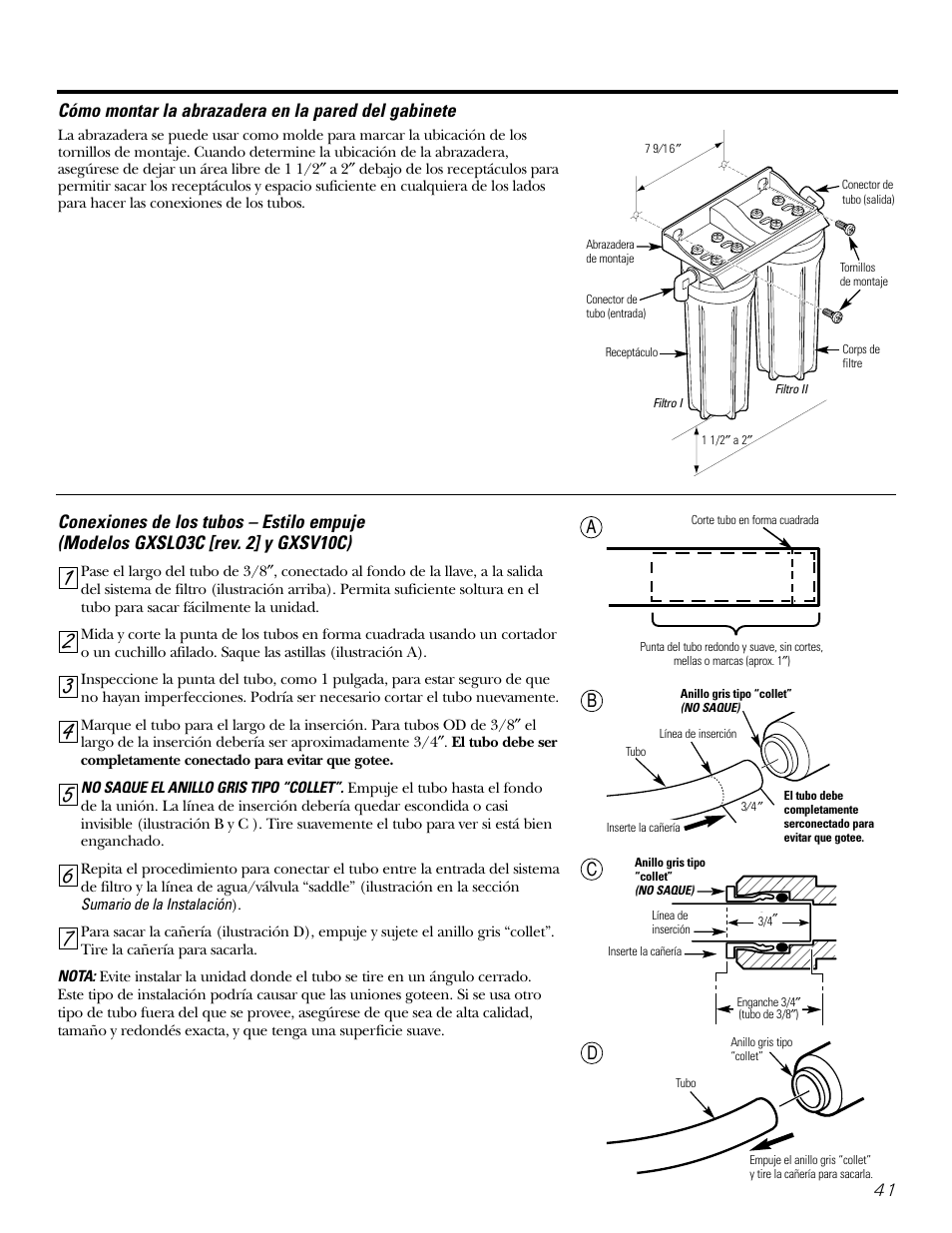 Conexiones de los tubos, Montaje sobre la pared | GE GXSL03C User Manual | Page 41 / 48