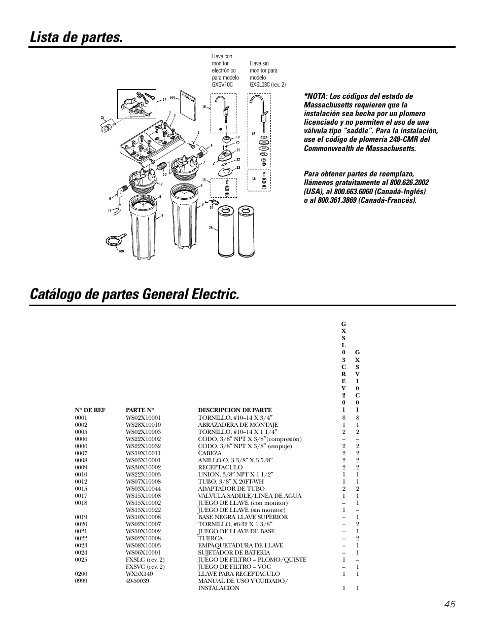 Lista/catálogo de partes, Lista de partes, Catálogo de partes general electric | GE GXSL03C User Manual | Page 45 / 48