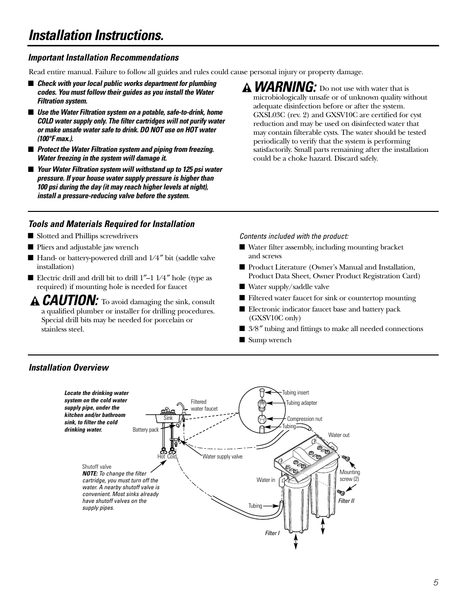 Installation instructions, Important recommendations, Tools/materials required | Warning, Caution | GE GXSL03C User Manual | Page 5 / 48