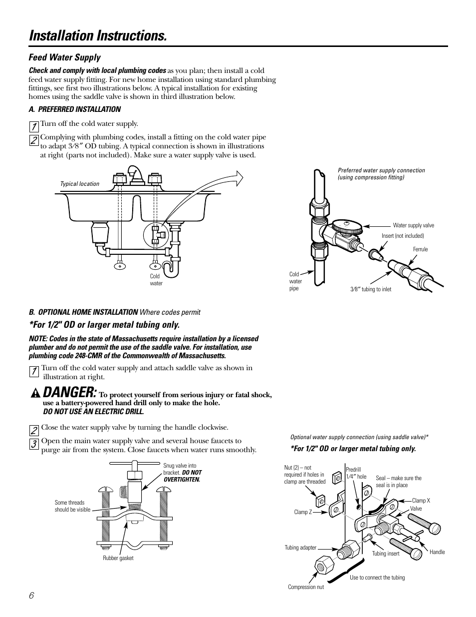 Feed water supply, Installation instructions, Danger | GE GXSL03C User Manual | Page 6 / 48