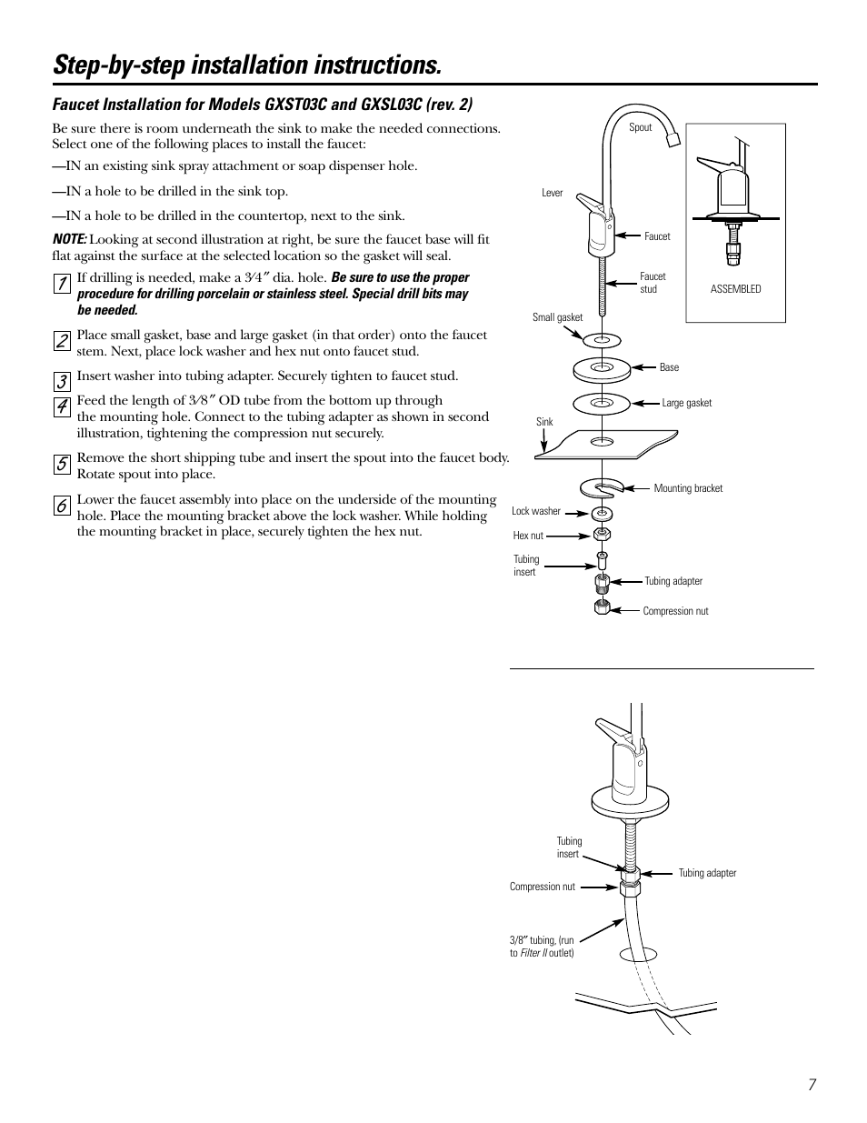 Faucet installation, Step-by-step instructions, Faucet installation , 8 | Step-by-step instructions –9, Step-by-step installation instructions | GE GXSL03C User Manual | Page 7 / 48