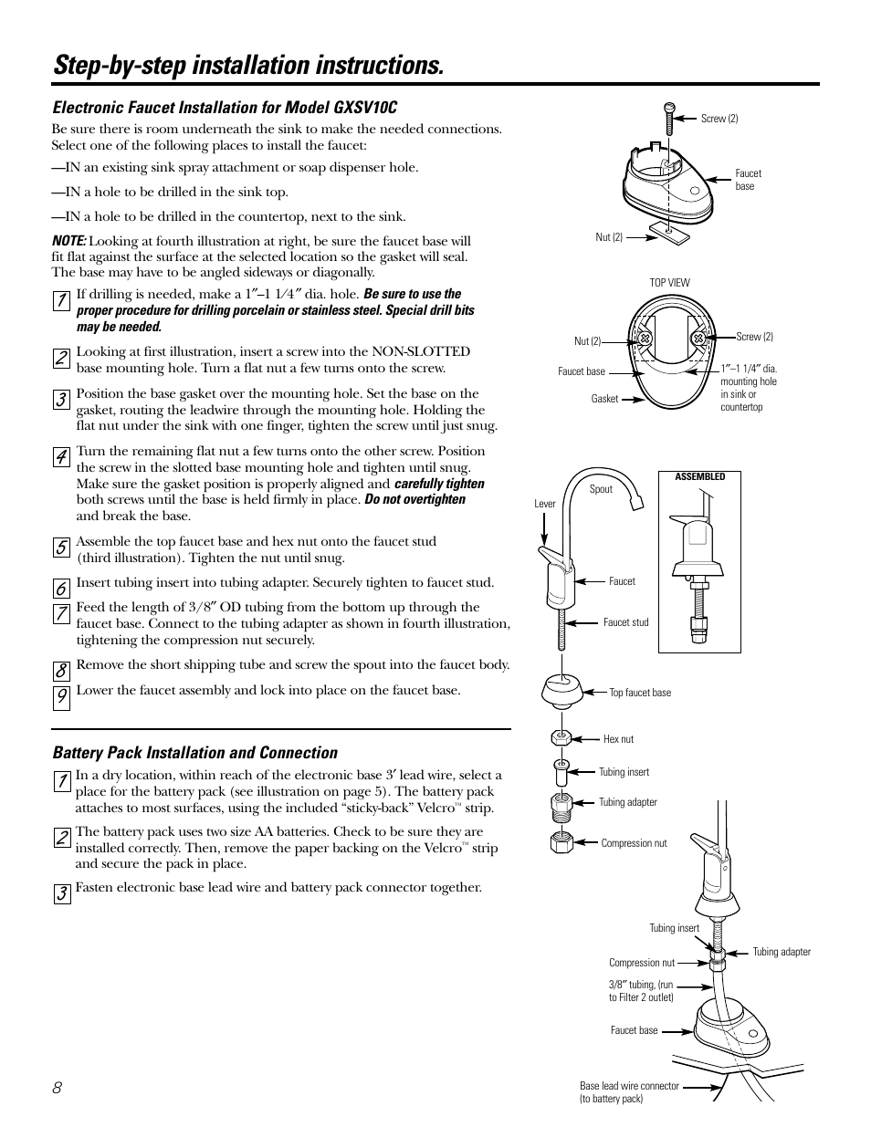 Battery pack installation, Step-by-step installation instructions | GE GXSL03C User Manual | Page 8 / 48