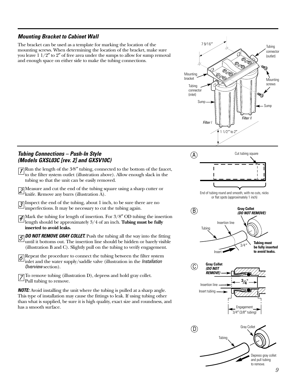 Tubing connections, Wall mounting, Tubing connections wall mounting | GE GXSL03C User Manual | Page 9 / 48