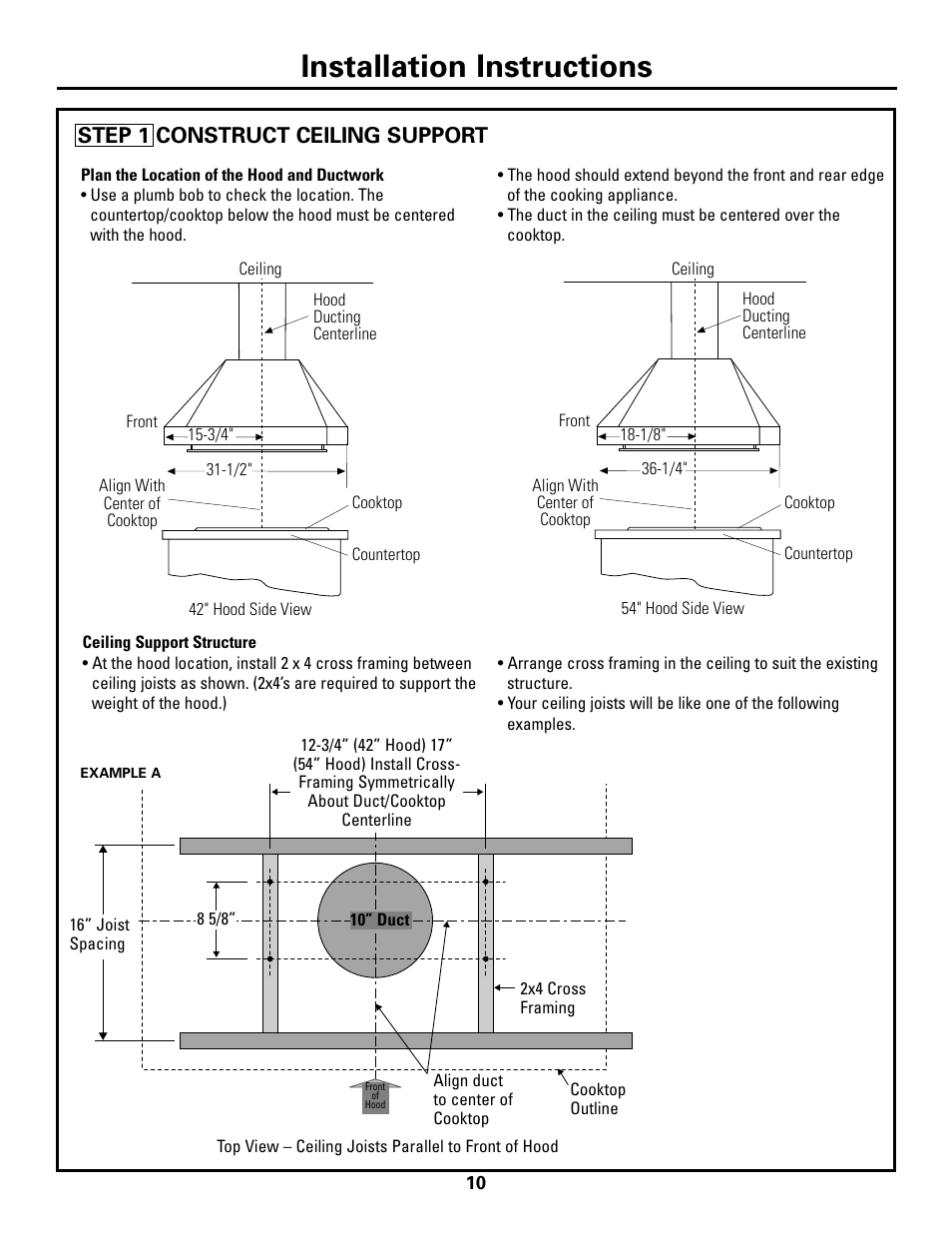 Step 1, construct ceiling support, Step 1, construct ceiling support –12, Installation instructions | Step 1 construct ceiling support | GE Island Vent Hood ZV421 ZV541 User Manual | Page 10 / 20