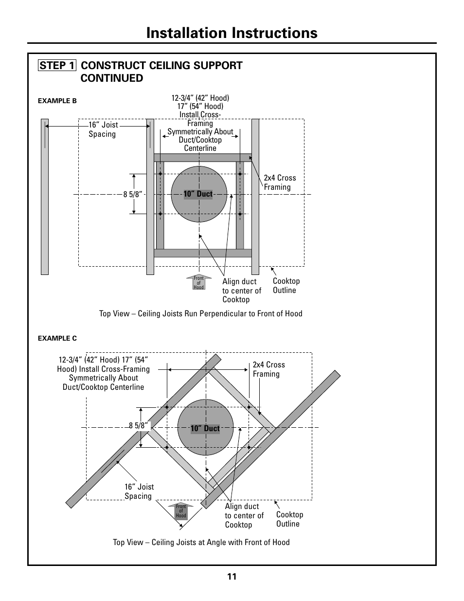 Installation instructions, Step 1 construct ceiling support continued | GE Island Vent Hood ZV421 ZV541 User Manual | Page 11 / 20