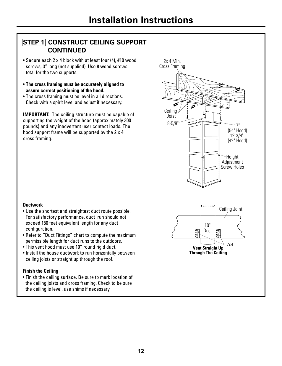 Installation instructions, Step 1 construct ceiling support continued | GE Island Vent Hood ZV421 ZV541 User Manual | Page 12 / 20