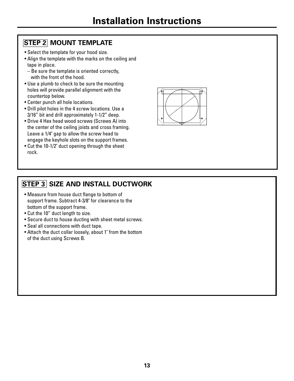 Step 2, mount template, Step 3, size and install ductwork, Installation instructions | GE Island Vent Hood ZV421 ZV541 User Manual | Page 13 / 20