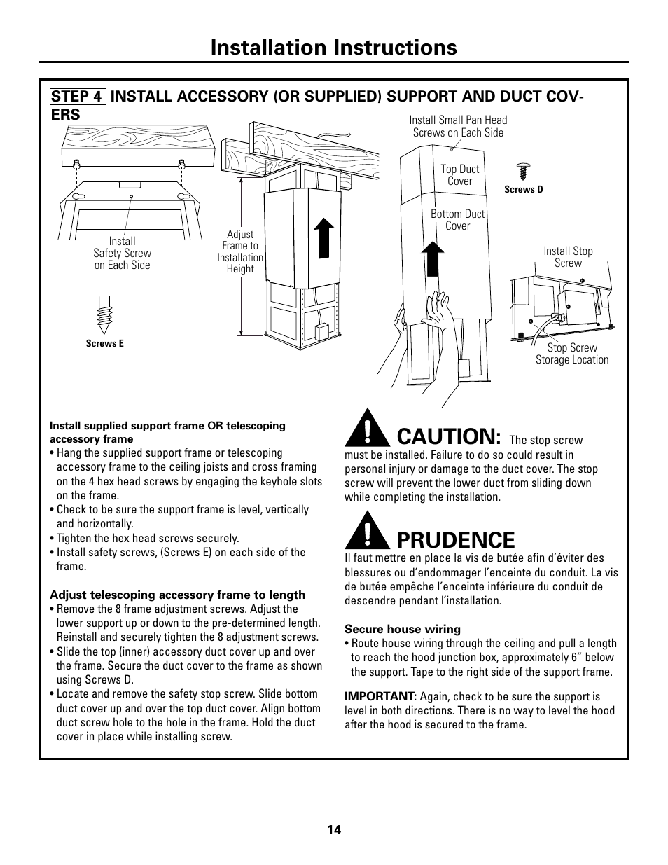 Step 4, install support frame and duct covers, Installation instructions, Caution | Prudence | GE Island Vent Hood ZV421 ZV541 User Manual | Page 14 / 20