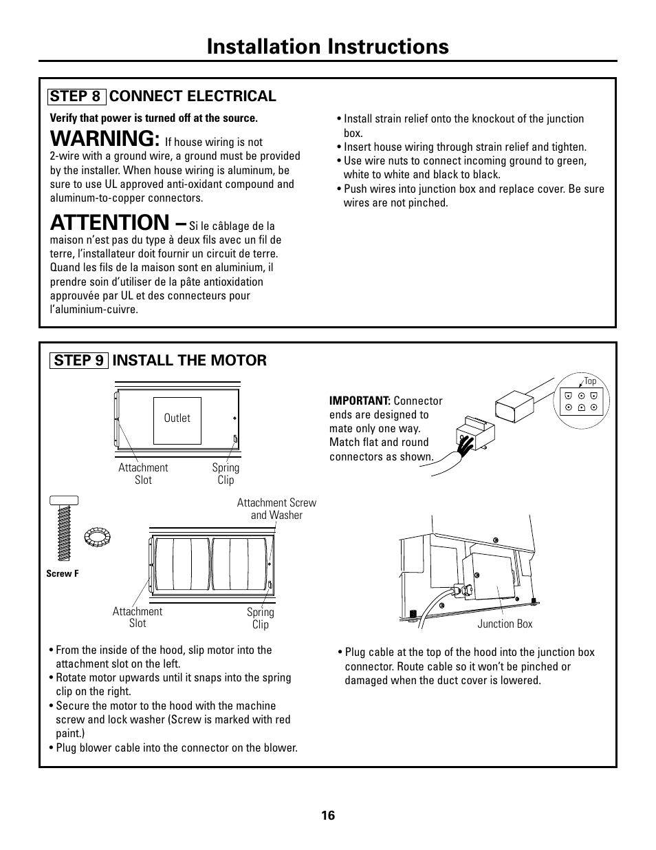 Step 8, connect electrical, Step 9, install the motor, Installation instructions | Warning, Attention | GE Island Vent Hood ZV421 ZV541 User Manual | Page 16 / 20